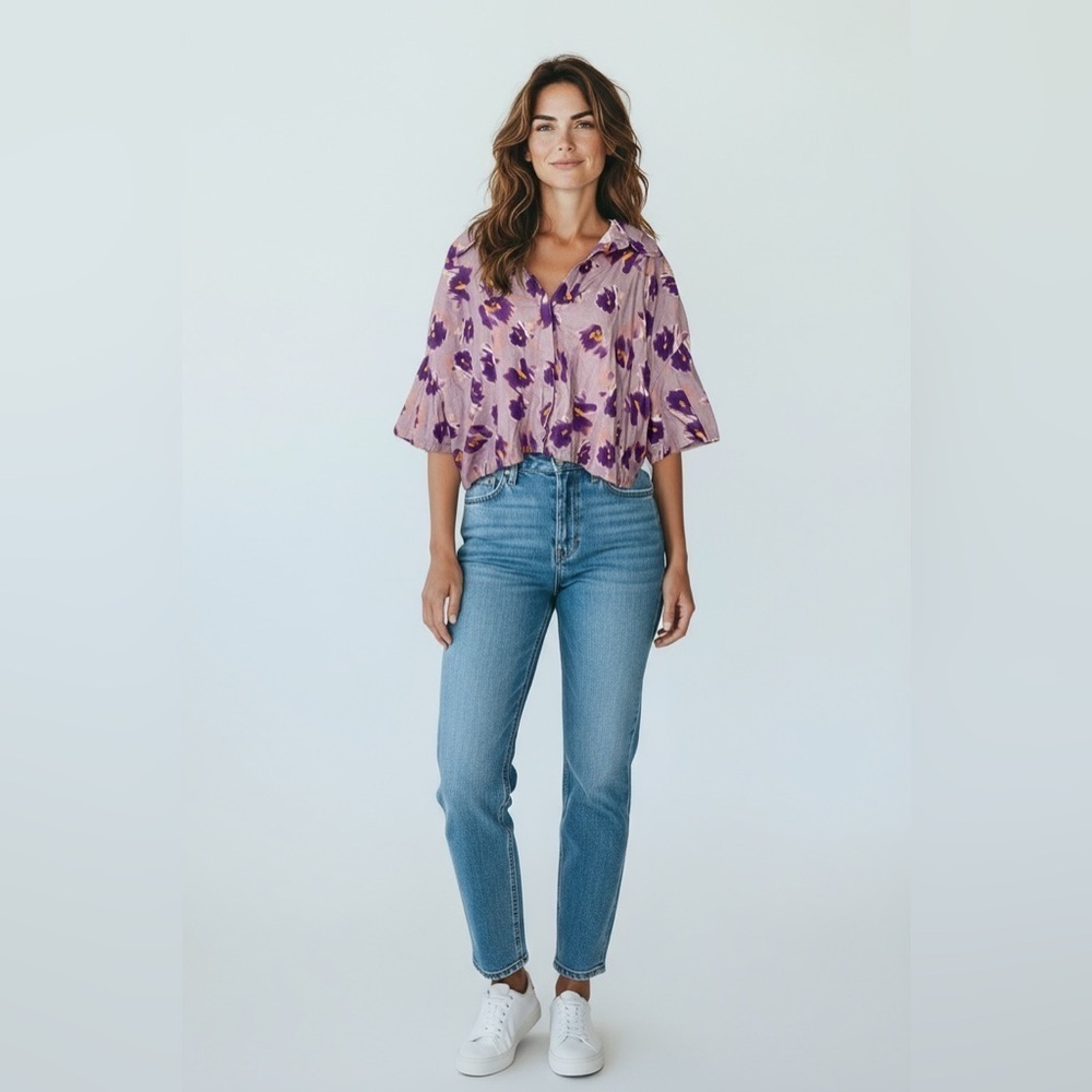 Open Edit Purple Floral Cropped Button Down Short Sleeve Women's Top - Picture 13 of 13